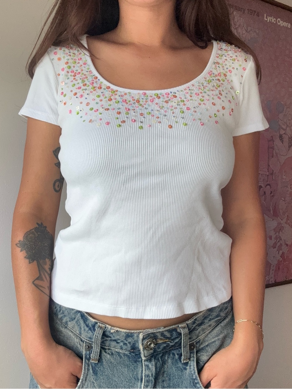 Sigrid Olsen white short sleeve top with beautiful all-over embroidered sparkle